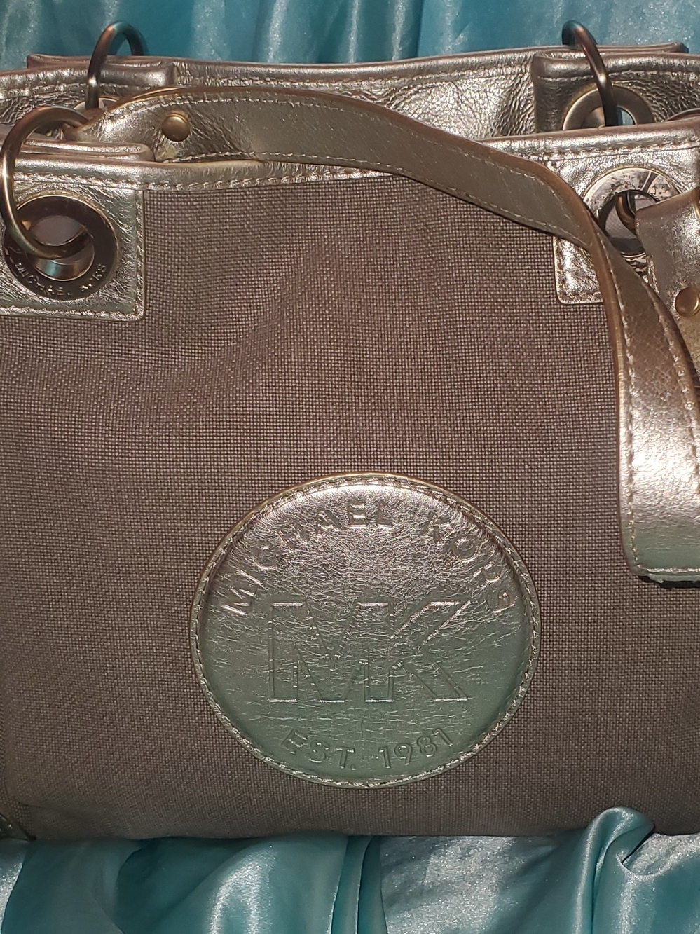 Michael Kors Beige Canvas Tote with Gold Metallic Trim